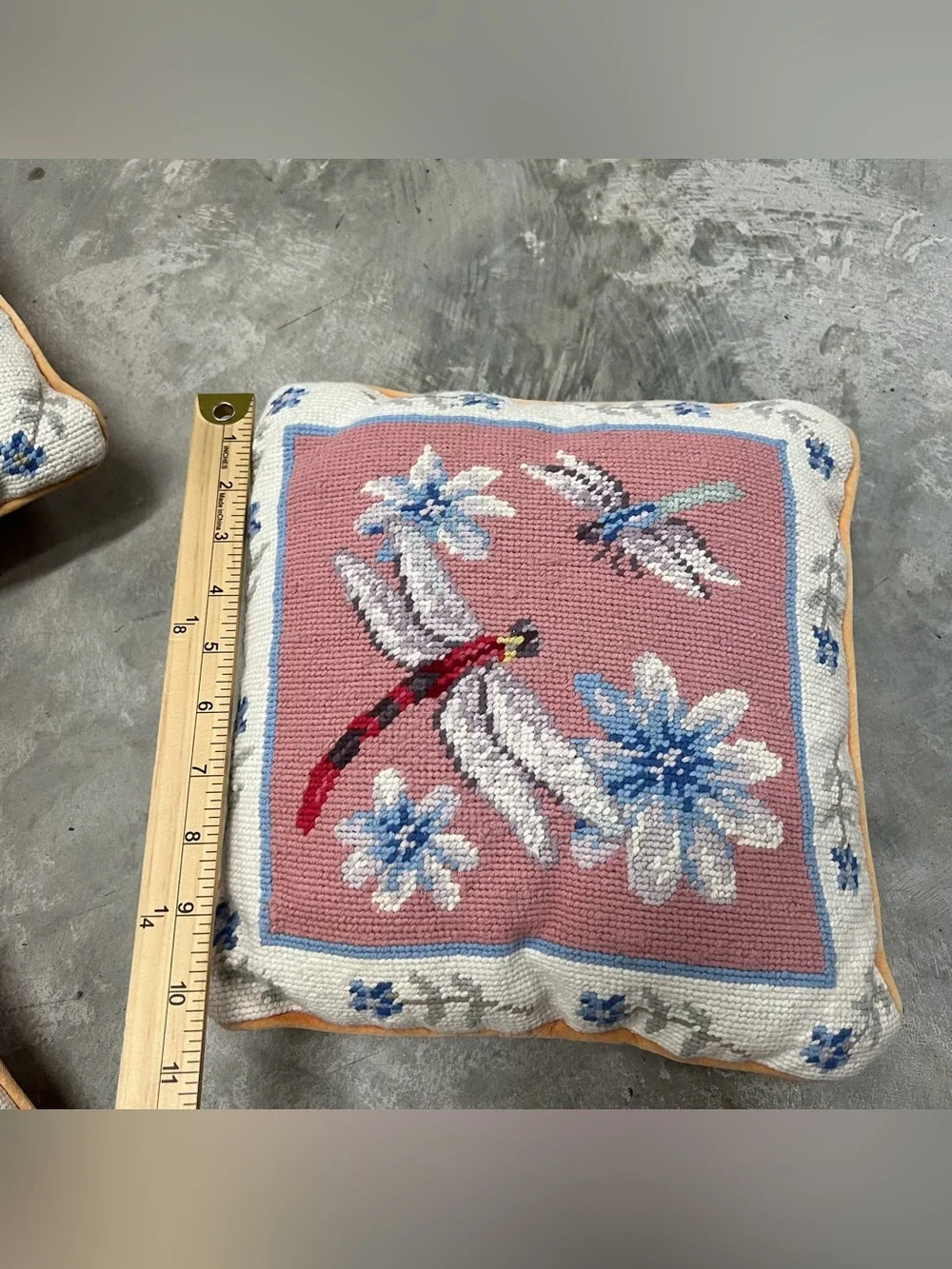 Vintage Needlepoint Pillow Dragonflirs and Flowers Lot Of 3 READ DESCRIPTION